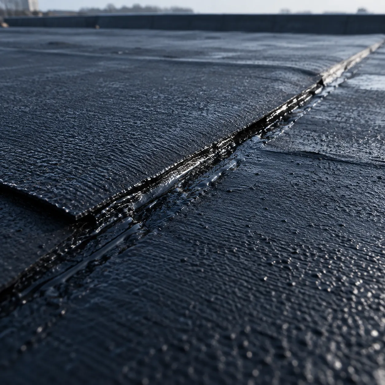 Overlapping bituminous waterproofing membrane layers with a torch-sealed seam on a flat roof — AI concept image