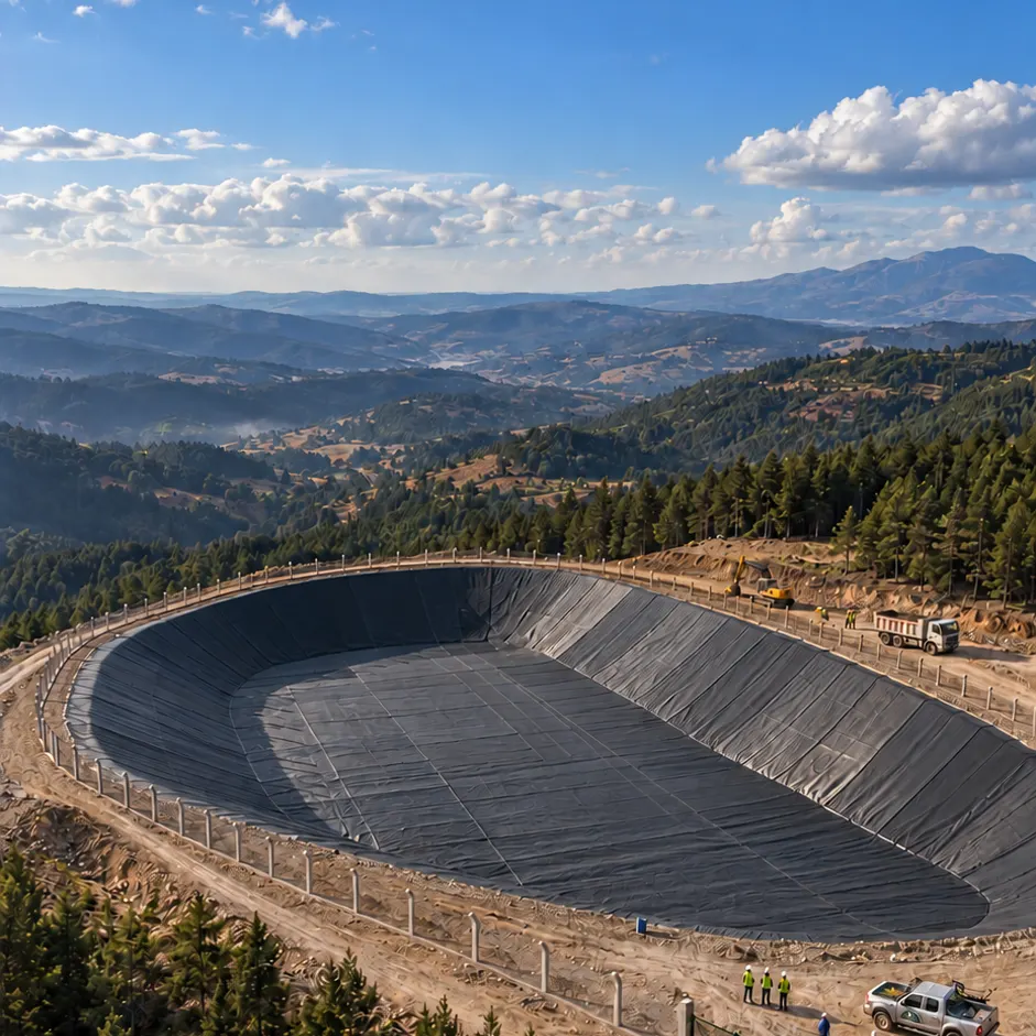 Aerial view of an irrigation reservoir fully lined with black geomembrane before filling, with perimeter fence — AI concept image