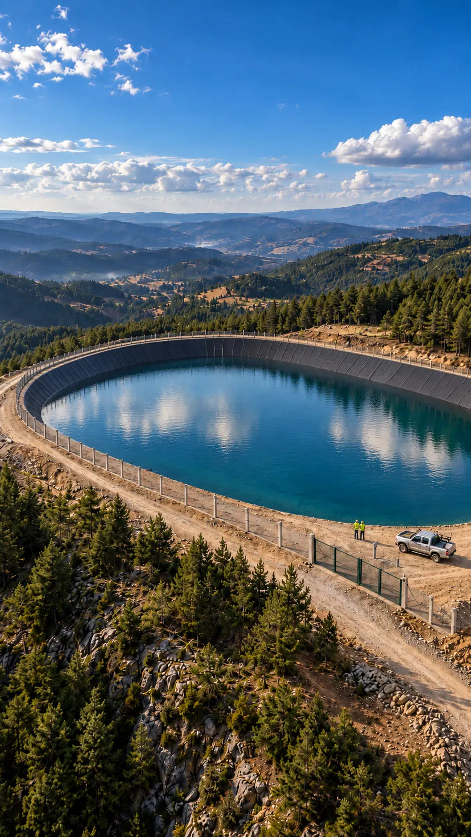 Water-filled agricultural irrigation reservoir lined with black geomembrane and fenced, between hills; two site staff and a pickup at the edge — AI concept image