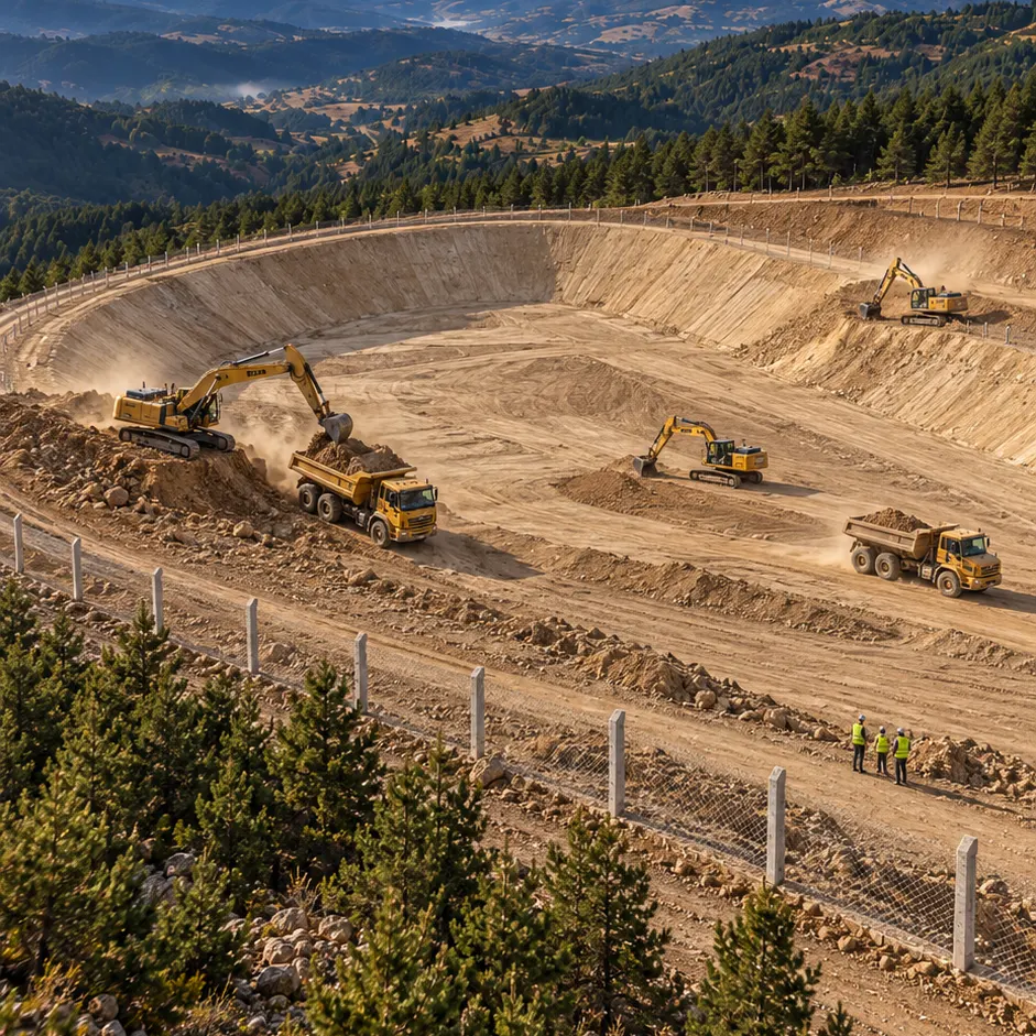 Irrigation reservoir excavation: excavators and trucks working in a sloped pit, forested hills behind — AI concept image