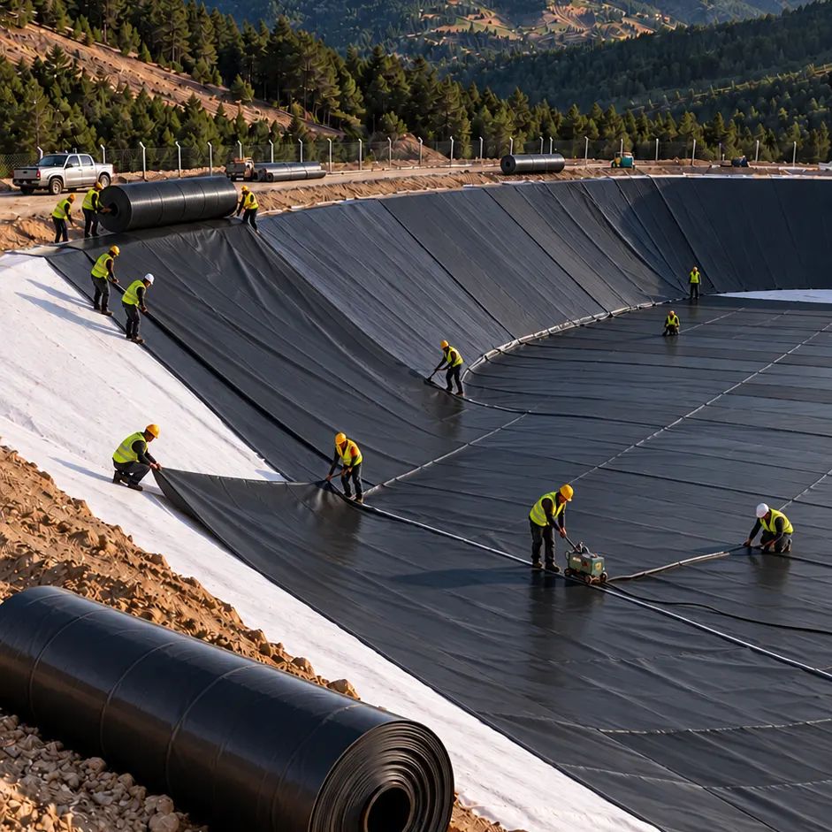 Site crew laying black geomembrane over white protective geotextile, membrane rolls at the edge — AI concept image