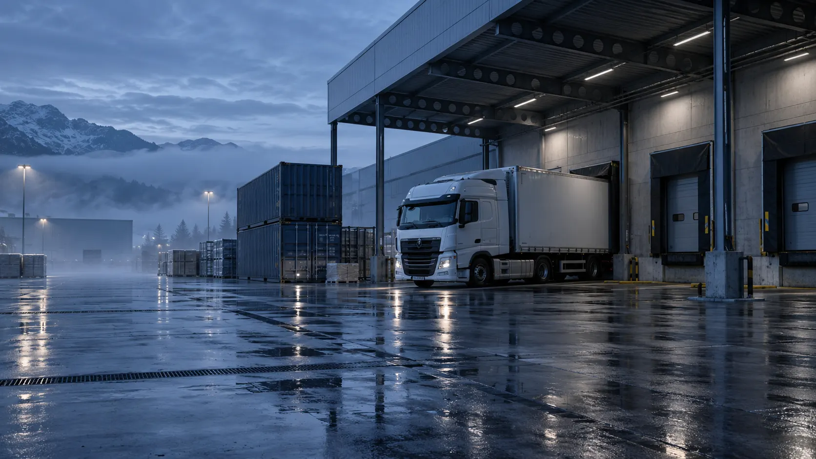 Loading dock of a European logistics facility at dawn: a white truck at the ramp, a stacked container, wet concrete — AI concept image